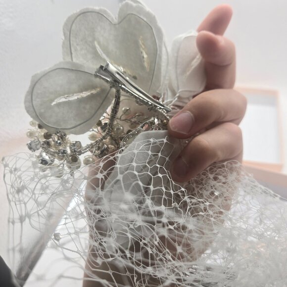 Davids Bridal Floral Headpiece with Pearls and Crystals Hair Clip Formal Prom - Picture 9 of 11